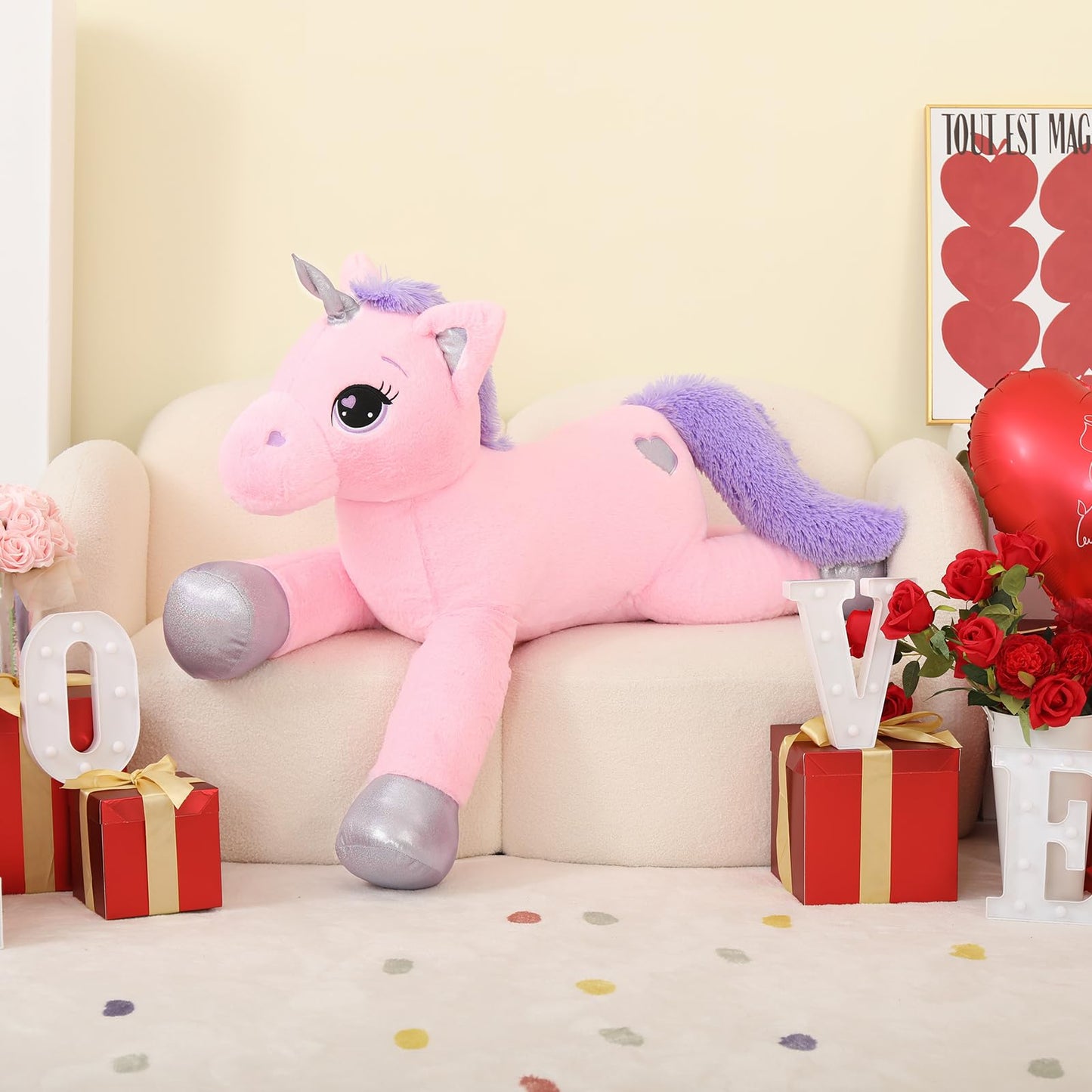 43" Giant Unicorn Stuffed Animal, Unicorn Plush Pillow Toys Big Plushy Fluffy, Gift for Girls Kids Boys Girlfriend, White & Purple