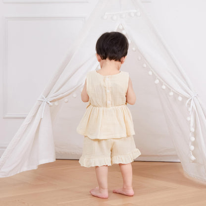 Kupretty Toddler Girl Summer Clothes Baby Solid Linen Outfit Bows Ruffle Tank Tops Shirts + Ruffled Short Set