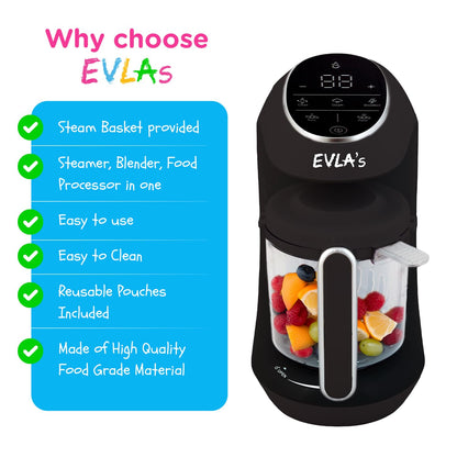 EVLA'S Baby Food Maker, Steamer, Blender, Baby Food Processor for Healthy Homemade Baby Food in Minutes, Touch Screen with 6 Reusable Food Pouches, Baby Registry Essential, White