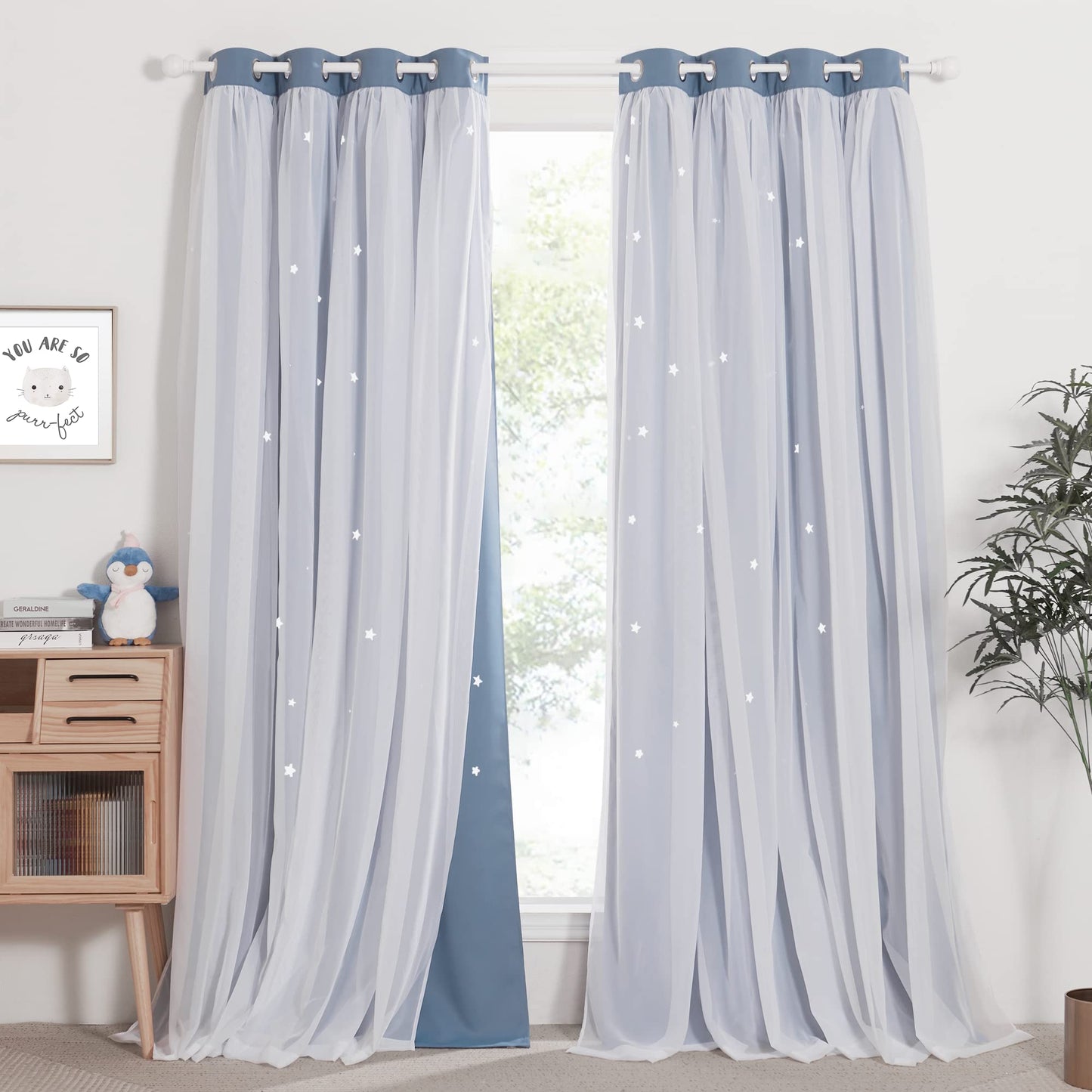 NICETOWN Nursery Curtains for Kids, Farmhouse Blackout Curtain Panels for Bedroom, Double Layer Star Hollow-Out Grommet Aesthetic Living Room Toddler Window Curtains, 2 Pcs, W52 x L84, Biscotti Beige
