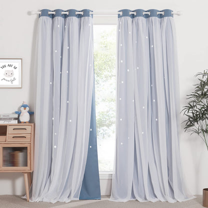 NICETOWN Nursery Curtains for Kids, Farmhouse Blackout Curtain Panels for Bedroom, Double Layer Star Hollow-Out Grommet Aesthetic Living Room Toddler Window Curtains, 2 Pcs, W52 x L84, Biscotti Beige