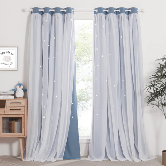 NICETOWN Nursery Curtains for Kids, Farmhouse Blackout Curtain Panels for Bedroom, Double Layer Star Hollow-Out Grommet Aesthetic Living Room Toddler Window Curtains, 2 Pcs, W52 x L84, Biscotti Beige