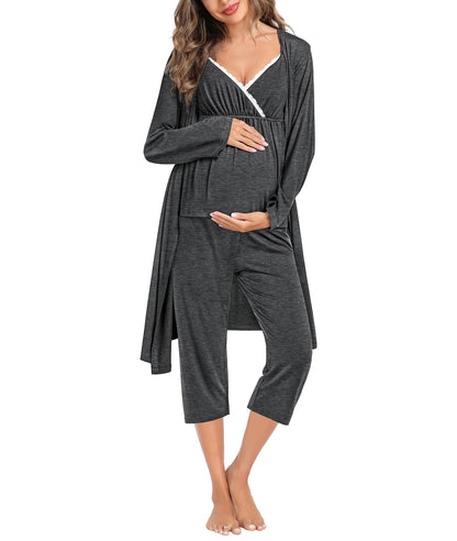 SWOMOG Maternity Nursing Robe Set 3 Piece Breastfeeding Pajamas 3 in 1 Labor Delivery Sleevless Tops&Long Pants Pregnancy Pjs