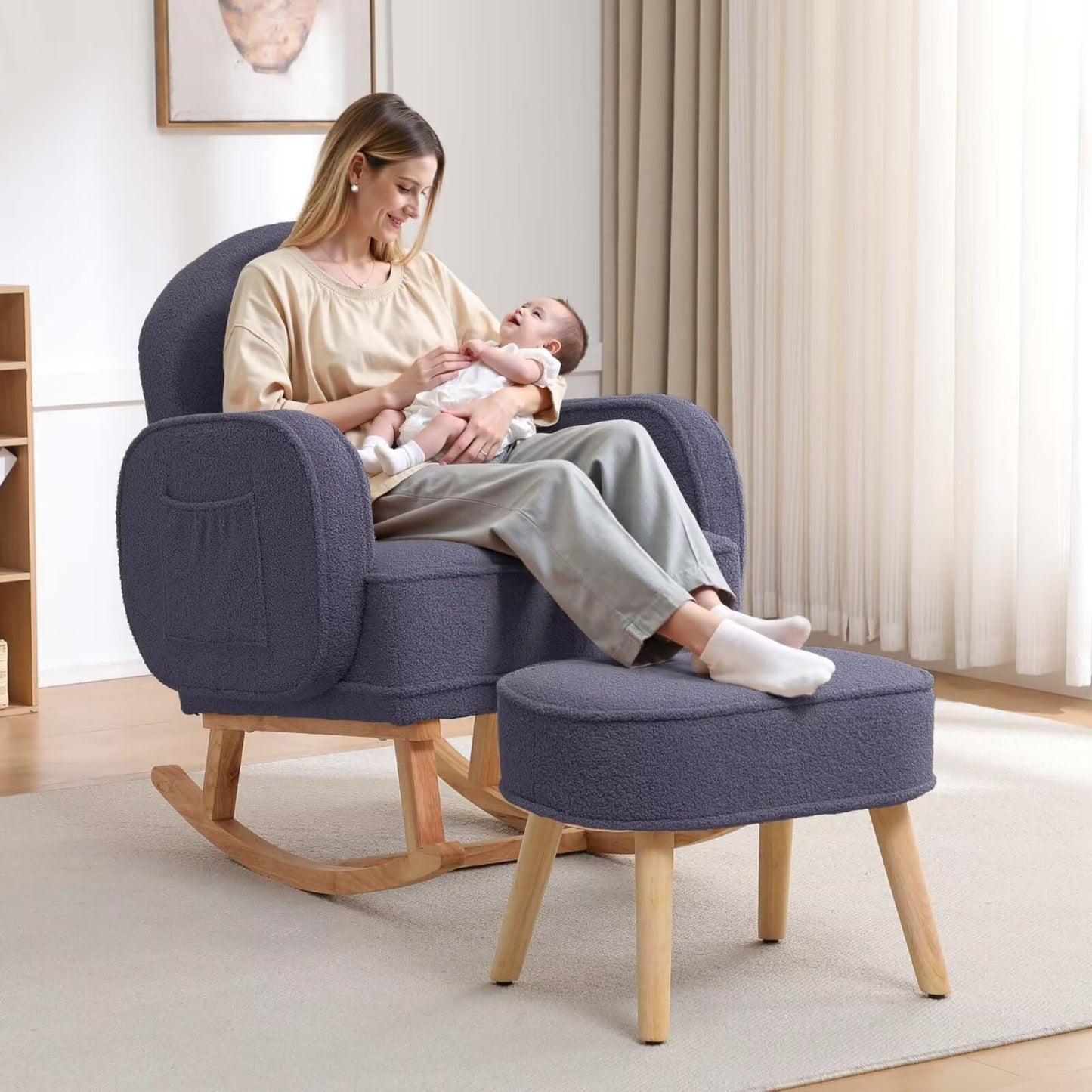 Rocking Chair with Ottoman, Upholstered Glider Rocker with High Backrest and Side Pocket, Rocking Accent Armchair with Solid Wood Legs for Nursery, Living Room, Bedroom Green