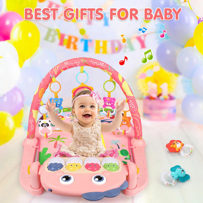 UMIKU Baby Play Mat Baby Tummy Time Mat Activity Center for Newborn Infant Piano Play Gym Mat Music & Light Babies Gifts Boy Girl for Babies 0-6 6-12 Months, Pink Dinosaur