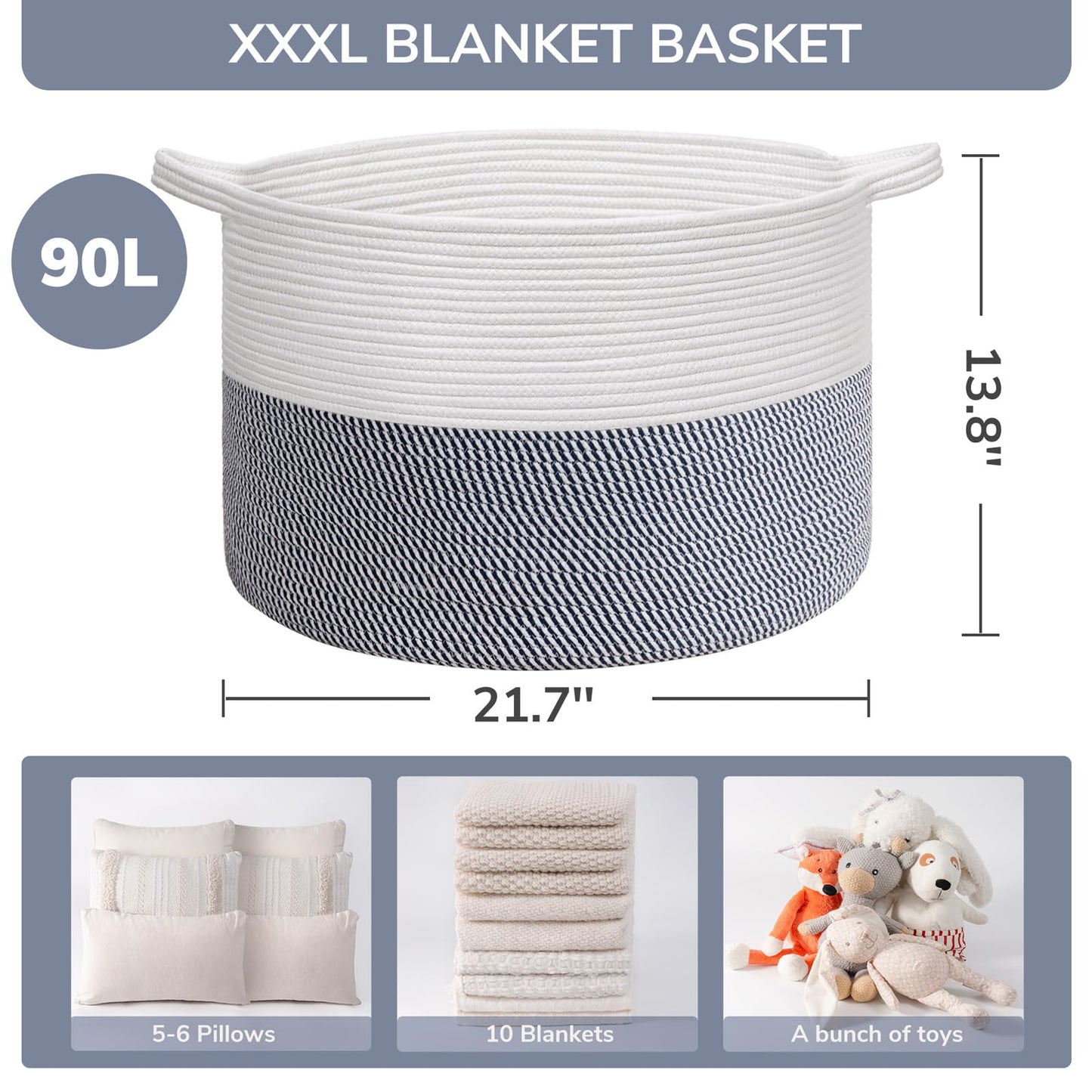 INDRESSME XXXLarge Cotton Rope Basket 21.7" x 21.7" x 13.8" Woven Baby Laundry Blanket Basket Toy Baskets with Handle Storage Comforter Cushions Thread Laundry Hamper