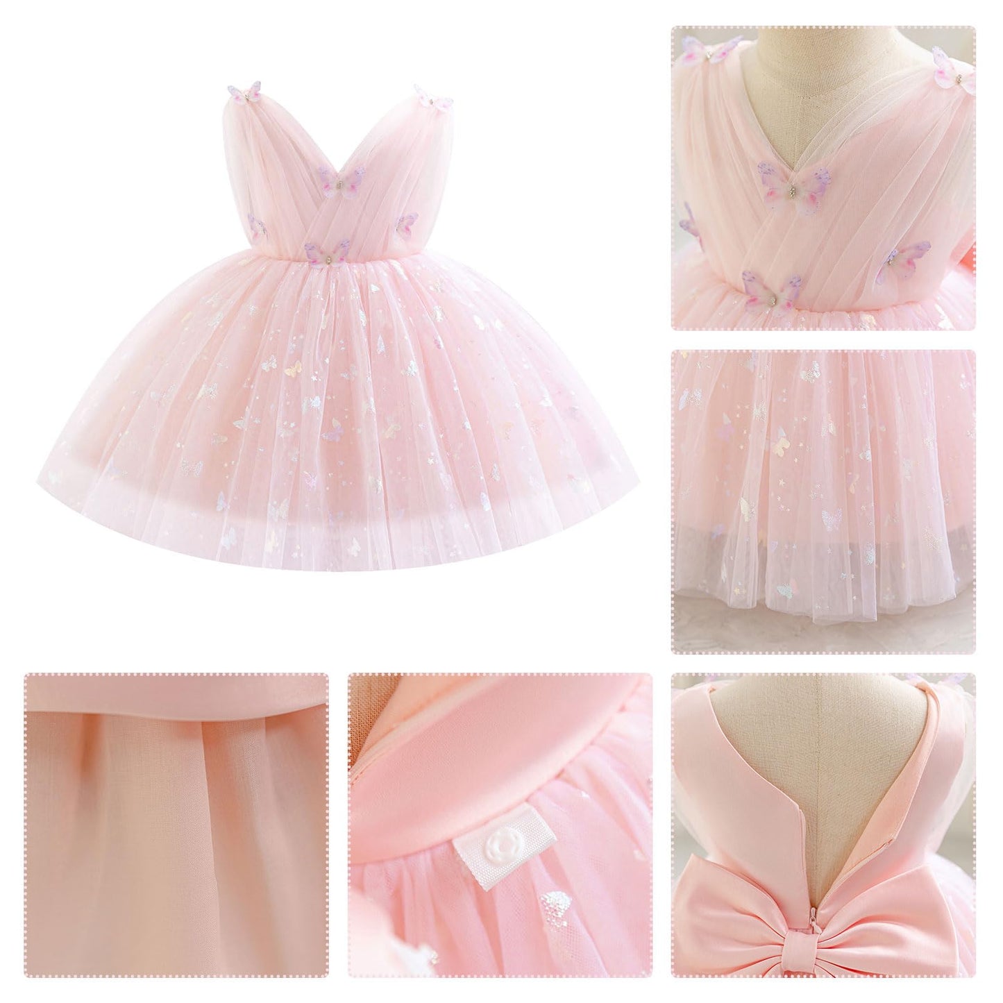 IDOPIP Toddler Baby Girls Shiny Butterfly Tutu Dress Princess Birthday Party Pageant Flower Girl Wedding V-Backless Dresses