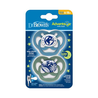 Dr. Brown's Advantage Glow-in-the-Dark Baby Pacifier, Fully Symmetrical Soother with Soft Silicone Bulb, Scooter Squirrel-Purple Nature, 6-18m, BPA Free, 4 Pack