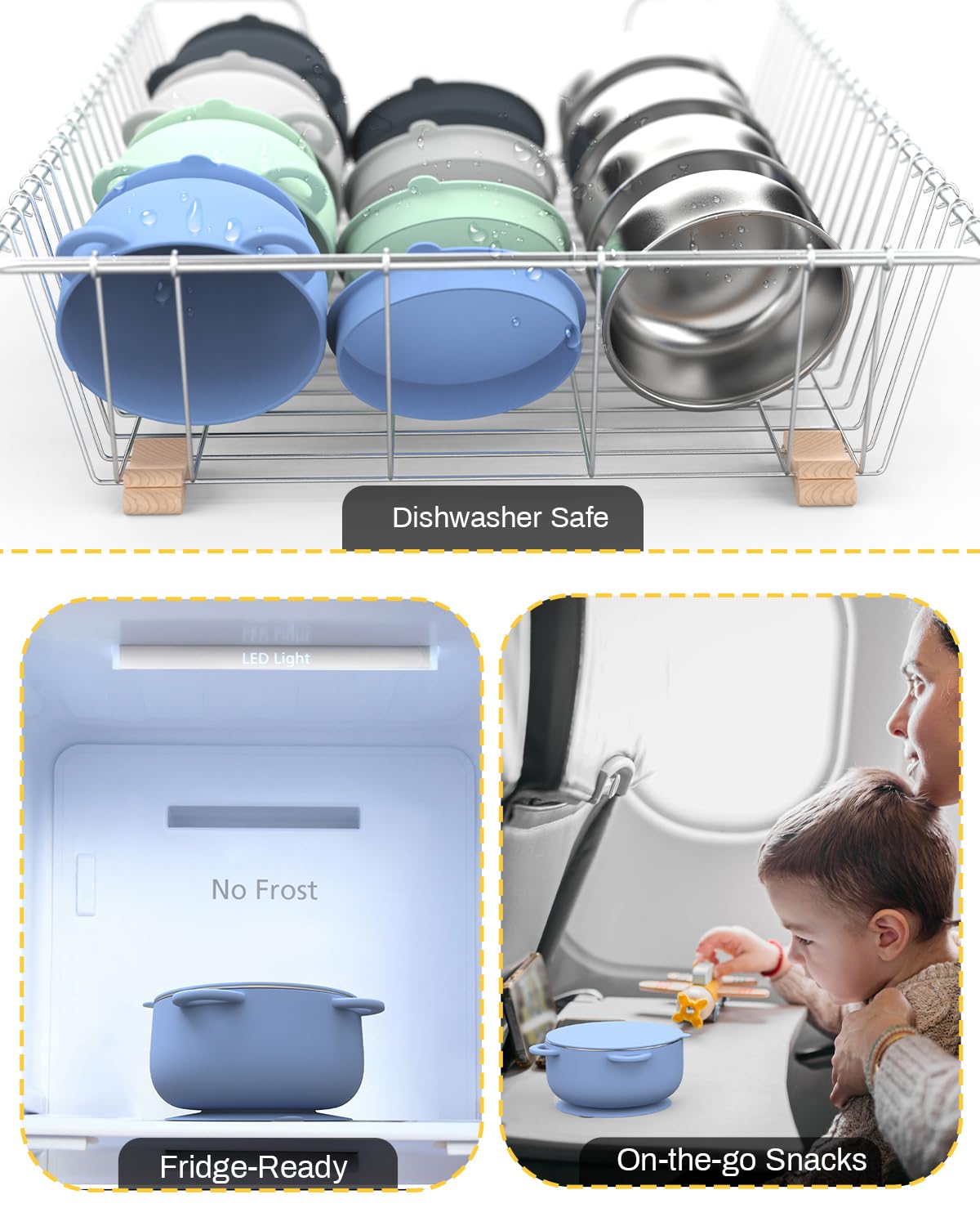 Baby Suction Bowls with Lids 4-Pack, 2-in-1 Stainless Steel 304 Toddler Bowl & Removable Silicone Suction Kids Bowl Plate Set Non Toxic Snack Dishes for Self-Feeding, Sunrise Meadow