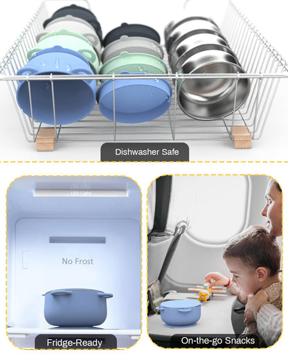 Baby Suction Bowls with Lids 4-Pack, 2-in-1 Stainless Steel 304 Toddler Bowl & Removable Silicone Suction Kids Bowl Plate Set Non Toxic Snack Dishes for Self-Feeding, Sunrise Meadow