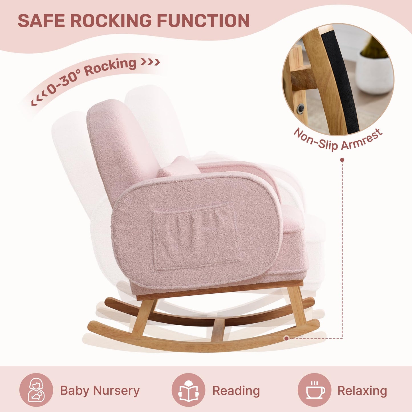 Rocking Chair with Ottoman, Upholstered Glider Rocker with High Backrest and Side Pocket, Rocking Accent Armchair with Solid Wood Legs for Nursery, Living Room, Bedroom Green