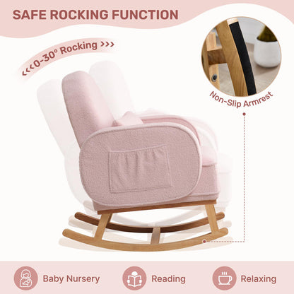 Rocking Chair with Ottoman, Upholstered Glider Rocker with High Backrest and Side Pocket, Rocking Accent Armchair with Solid Wood Legs for Nursery, Living Room, Bedroom Green