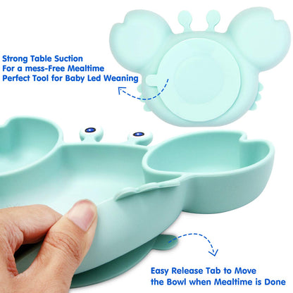 Silicone Suction Plate for Toddlers with Fork Spoon Set - Self Feeding Training Divided Plate Dish and Bowl for Baby and Toddler, Fits for Most Highchairs Trays (Cyan)