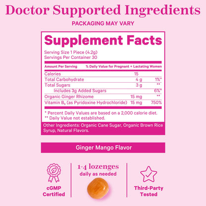 Pink Stork Morning Sickness Sweets, Organic Raspberry Ginger Candy with Vitamin B6, Support for Motion Sickness, Prenatal Heartburn - Pregnancy Must Haves - 30 Wrapped Drops
