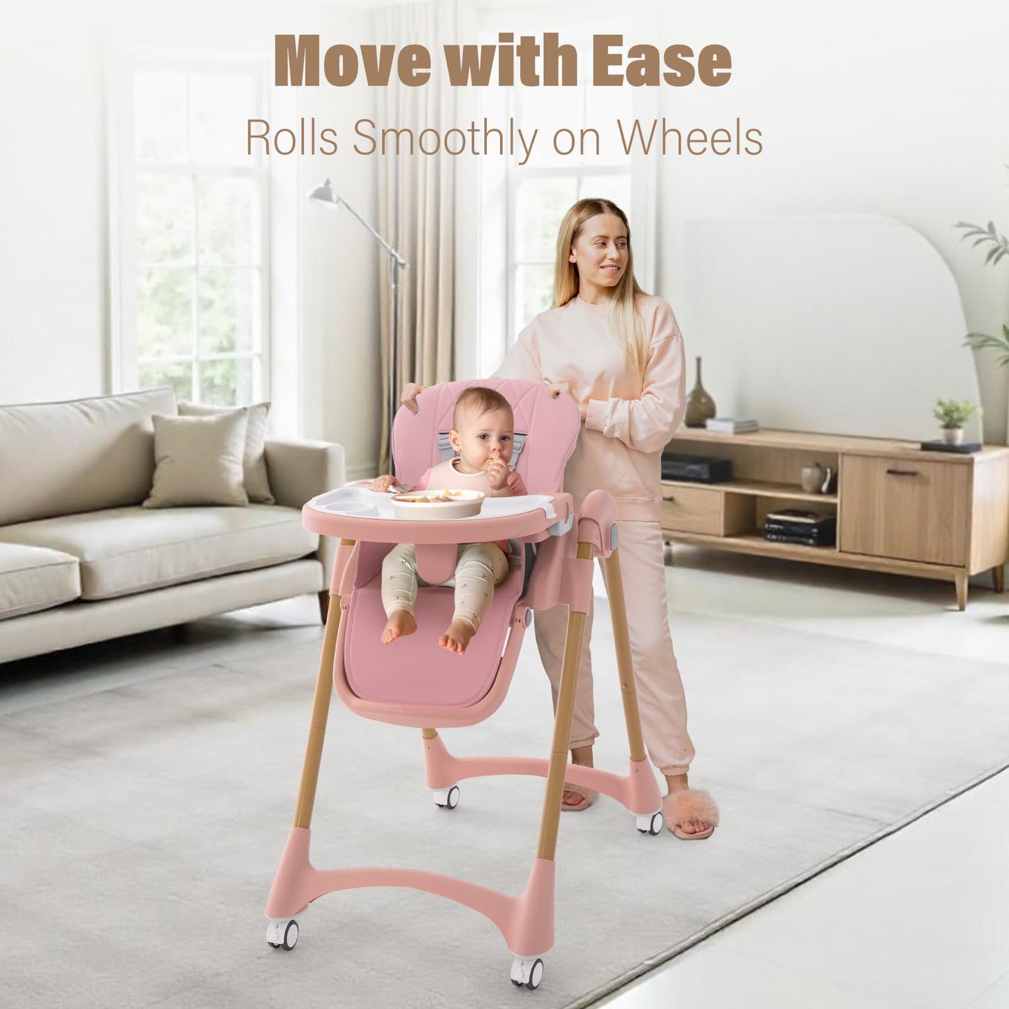 Portable High Chairs for Babies and Toddlers, 3-in-1 Foldable High Chair, Adjustable Height & Recline Baby Feeding Chair with Removable Tray, Adjustable Backrest, Pedal & Lockable Wheels Pink