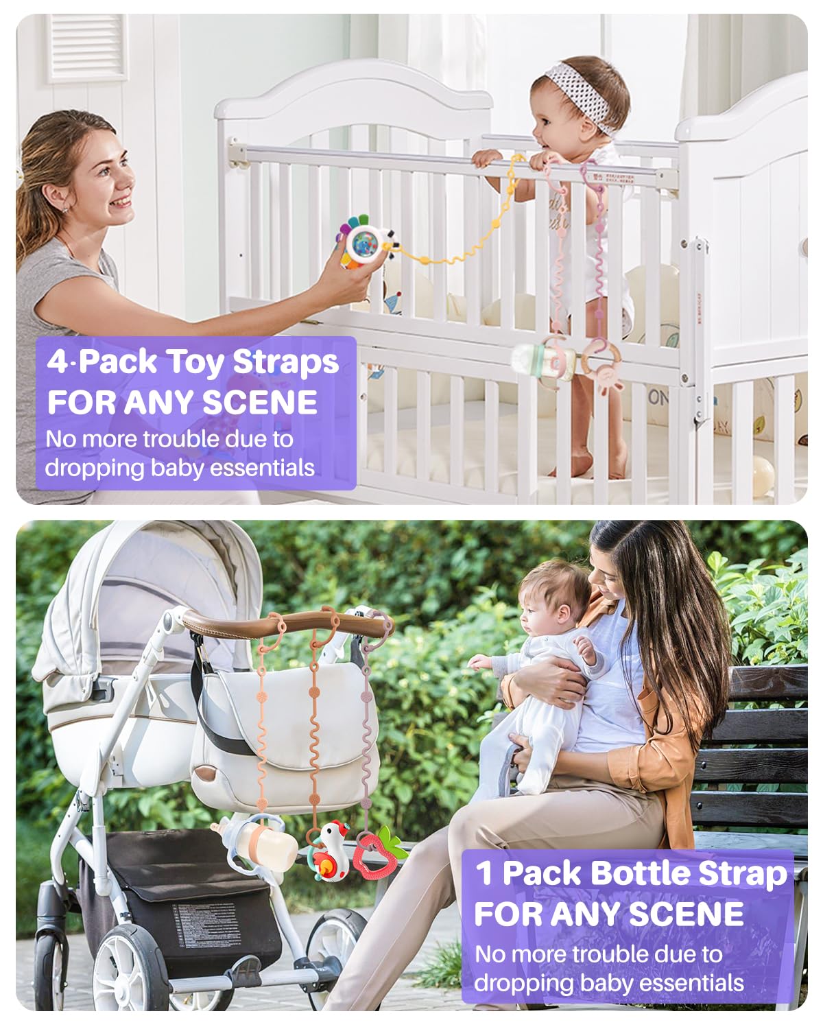 Toy Straps for Baby, 5pcs Adjustable Toy Holder for Stroller Accessories, Silicone Baby Tether Pacifier Clip, No Throw Baby Travel Essential Leash for High Chair, Car Seat (Gril-5 Pack)