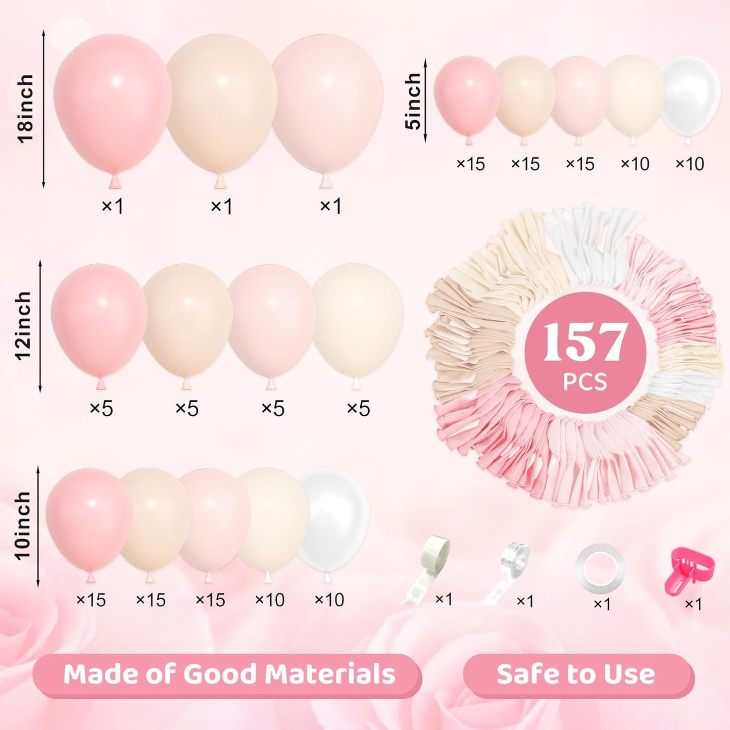 Ouddy Life 157 Pcs Boho Dusty Pink Balloons Arch Garland Kit, Blush Neutral Pink Sand White Metallic Gold Different Size Balloon for Girls Baby Shower Birthday Wedding Gender Reveal Party Decorations