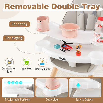 BABY JOY 6 in 1 High Chair, Convertible High Chairs for Babies and Toddlers/Booster Seat/Table and Chair Set, Infant Wooden Highchair w/ 5-Point Harness, 4-Position Removable Tray & PU Cushion, Coffee