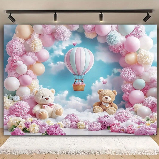 Pink Bear Hot Air Balloon Backdrop Girl Bear Balloons Baby Shower Background Girl 1st Birthday Party Banner Newborn Baby Shower Party Cake Table Decoration Photo Booth Props(Pink, 7x5ft)