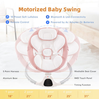Jaoul Baby Swing for Infants - Electric Portable Newborn Bouncer With Bluetooth Touch Screen/Remote Control, Timing Function, 5 Speeds, 3 Seat Positions for Boys and Girls (Pink)
