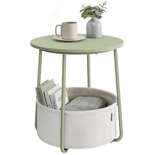 VASAGLE End Table, Small Bedside Table with Fabric Basket, Modern Nightstand, Round Side Table, for Living Room, Bedroom, Matte White and Camel Brown ULET223W10