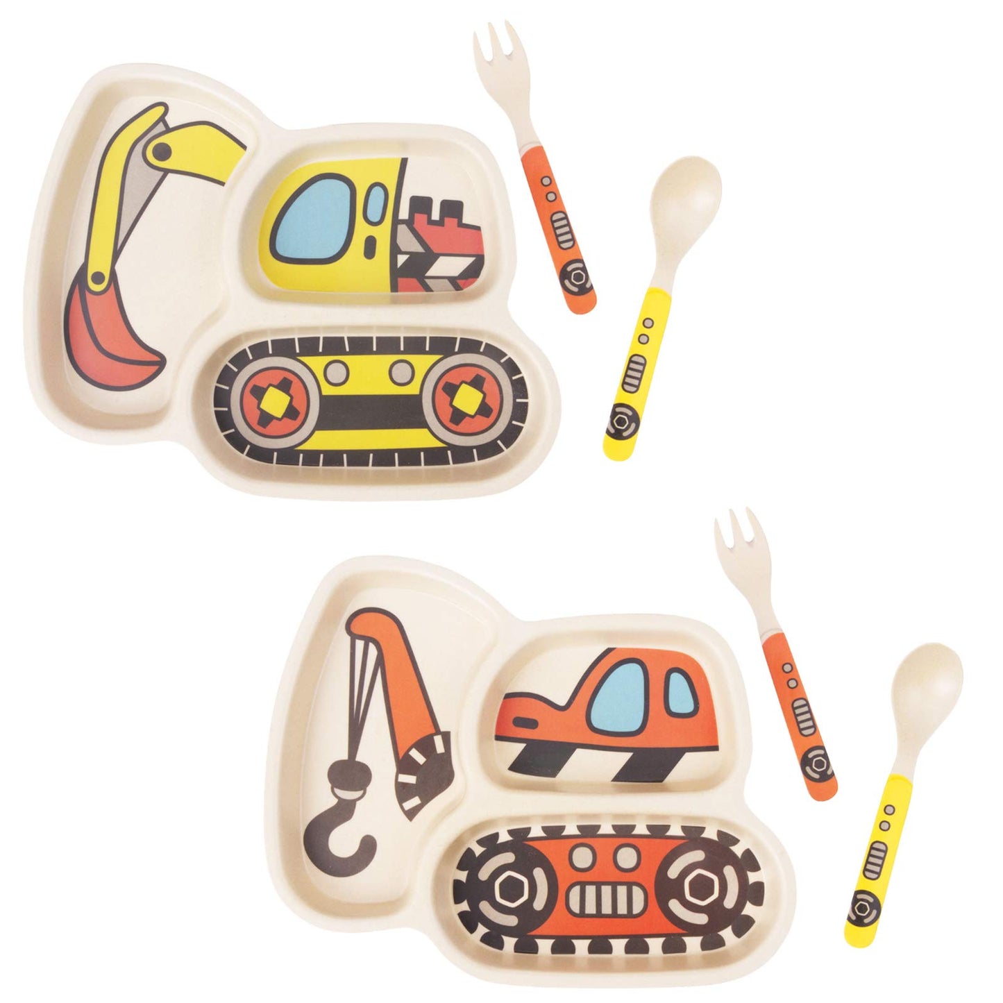 Kids Plate Set, Included Fork and Spoon 3-Piece Set - Toddler Dinnerware Dinner Dish Set - Baby Feeding Divided Plate - Child Portion Control Dish Tray (Excavators)