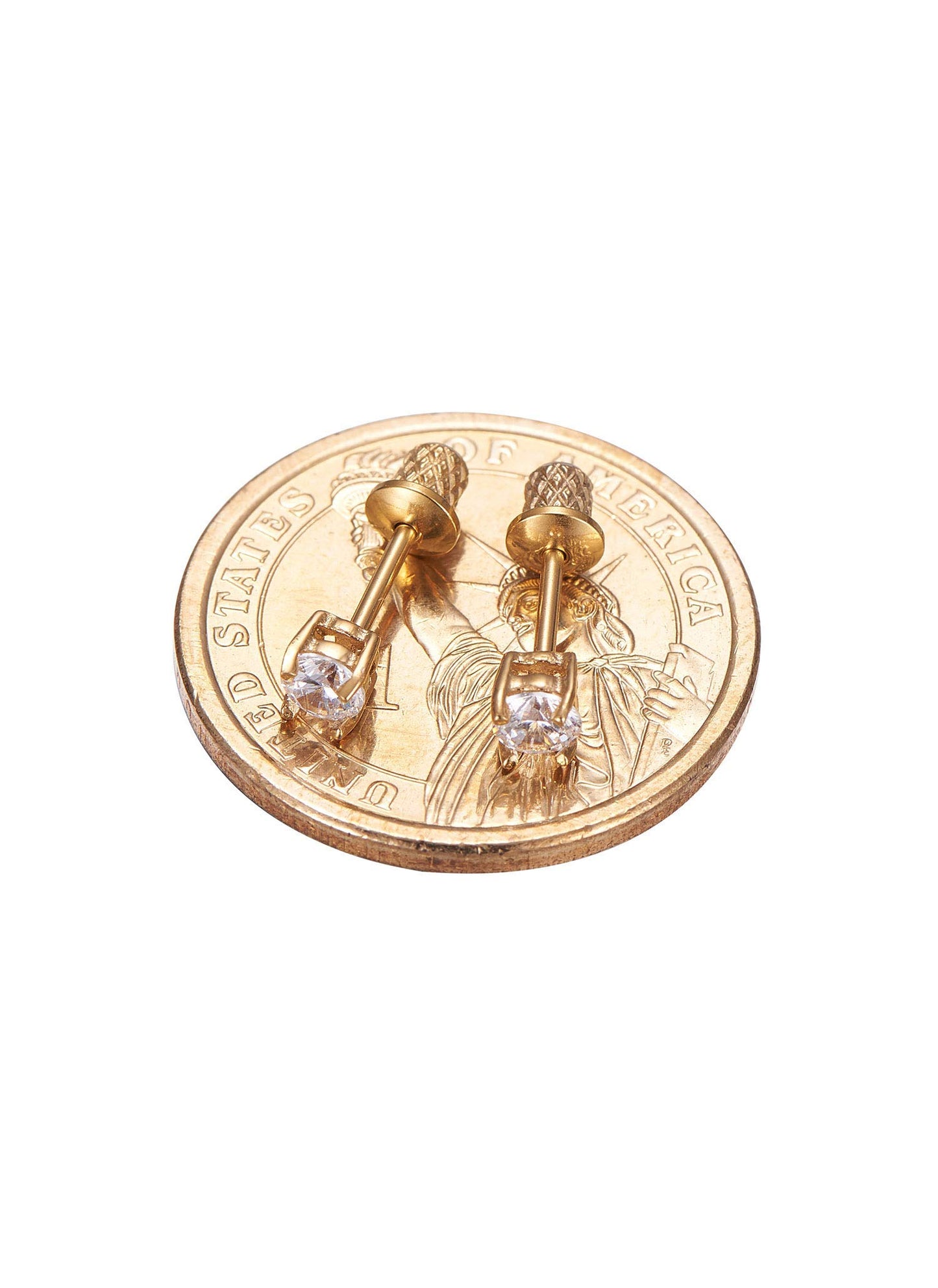 Earrings for Girls, 18k Yellow Gold Plated CZ Hypoallergenic Stud Earrings - Screw On Safety Backs, Stainless Steel Posts for Kids, Toddlers, Teens
