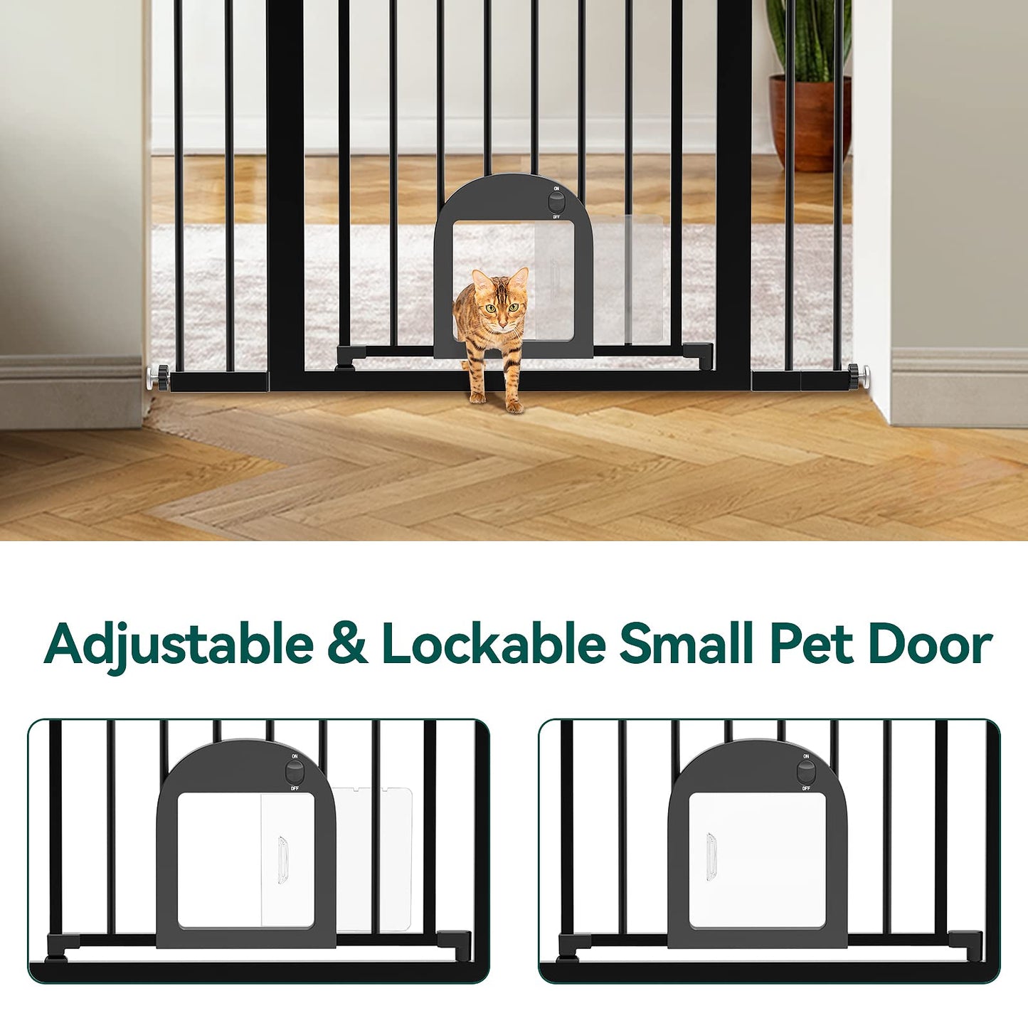 Babelio Upgraded Baby Gate with Cat Door, 29-43" Auto Close Durable Dog Gate for Stairs, Doorways and House, Easy Walk Thru Safety Gate with Pet Door Includes 4 Wall Cups, Black
