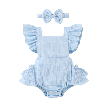 Happy Town Baby Girl Clothes Toddler Summer Linen Romper Sleeveless Ruffle Outfits Infant Girls Jumpsuit with Headband