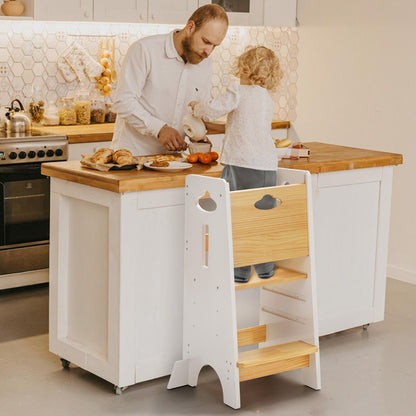COSYLAND Toddler Standing Tower Adjustable Height - Super Stable Kids Kitchen Stool Helper - 3 Levels Adjustable Wooden Toddler Kitchen Stool (Natural & Navy Blue)