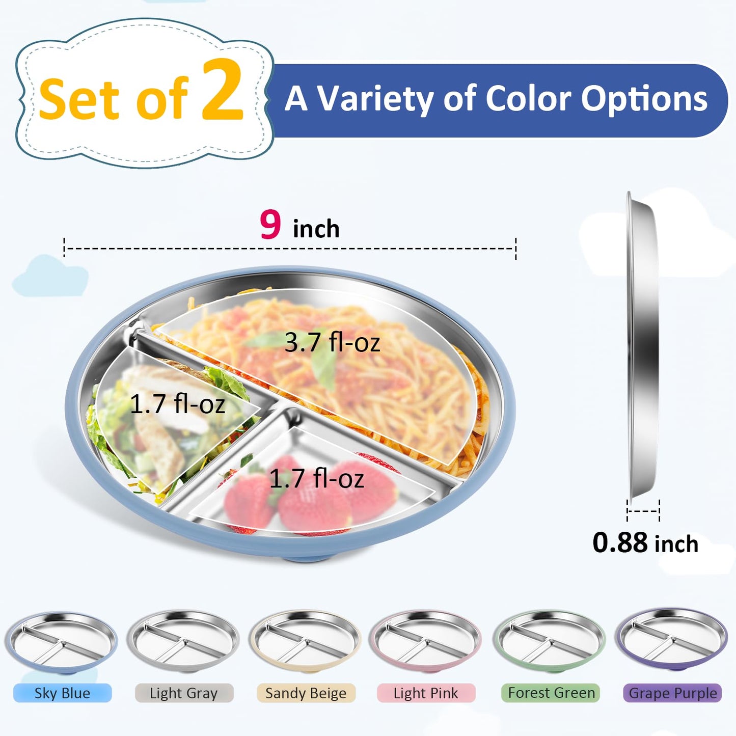 Stainless Steel Baby Plate with Suction, 9” Divided Toddler Plates with Removable Silicone Sleeves for Kids, Non-Toxic Non-Slip Unbreakable Dishwasher Safe Dinnerware Set of 2, Pink & Beige