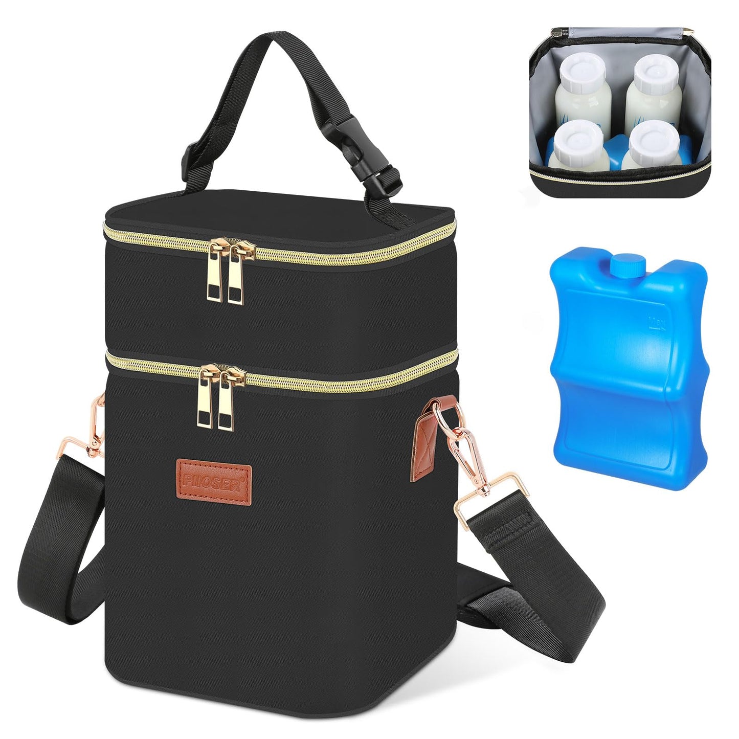 PIIOSER Baby Bottle Tote Bag with Ice Pack, Fits 4 Baby Bottles Up to 9 Ounce, Small Insulated Breastmilk Cooler Travel Bag with Shoulder Strap for Nursing & Working Mom Daycare (Cream-S)