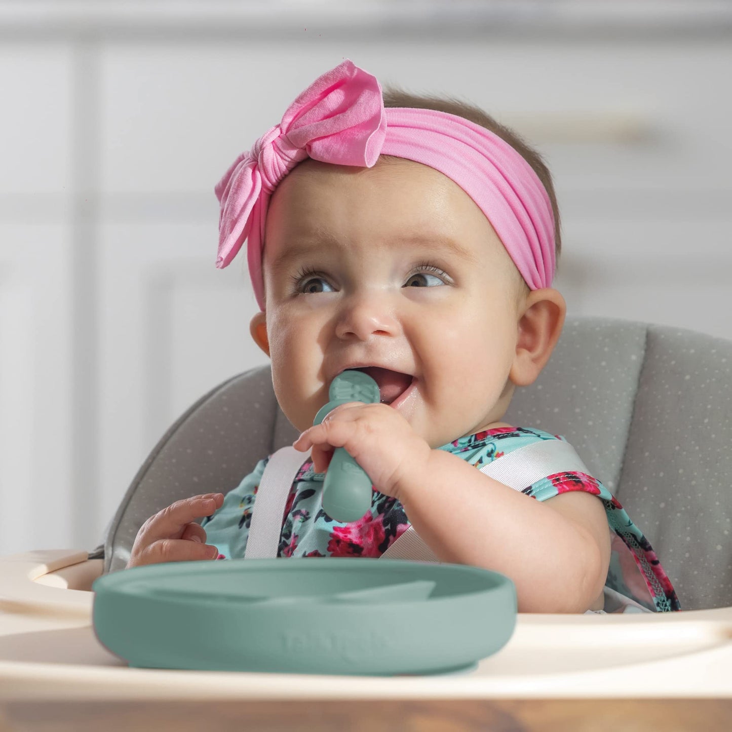 TalkTools ITSY Baby Utensil Set – Silicone Training Cup, Plate and Twin Spoon Pack for Toddlers| Infant First Food Self Feeding Silicone Training Set (Bubblegum)