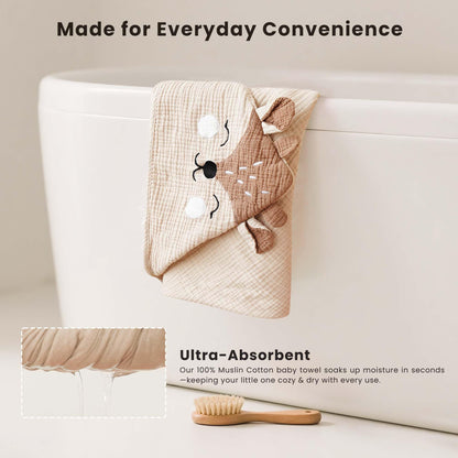 Konssy 2-Pack Muslin Baby Hooded Towels, Soft Cotton and Absorbent Baby Bath Towels for Newborn, Infant & Toddler with Animal Hooded Design (Bunny & Deer)