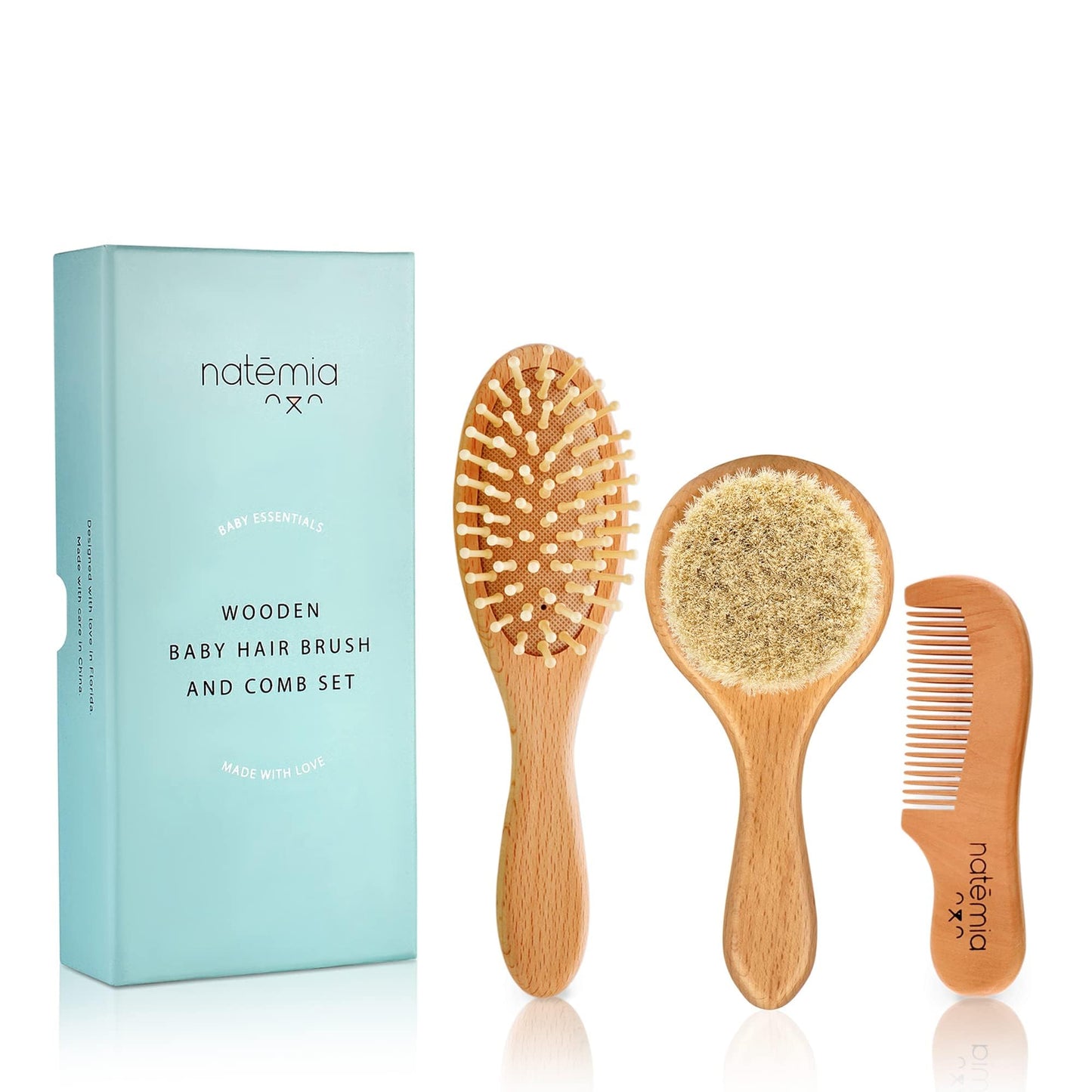 Natemia Wooden Baby Hair Brush | Natural Soft Bristles for Newborns & Toddlers | Gentle Cradle Cap Care | Ideal Baby Registry Gift