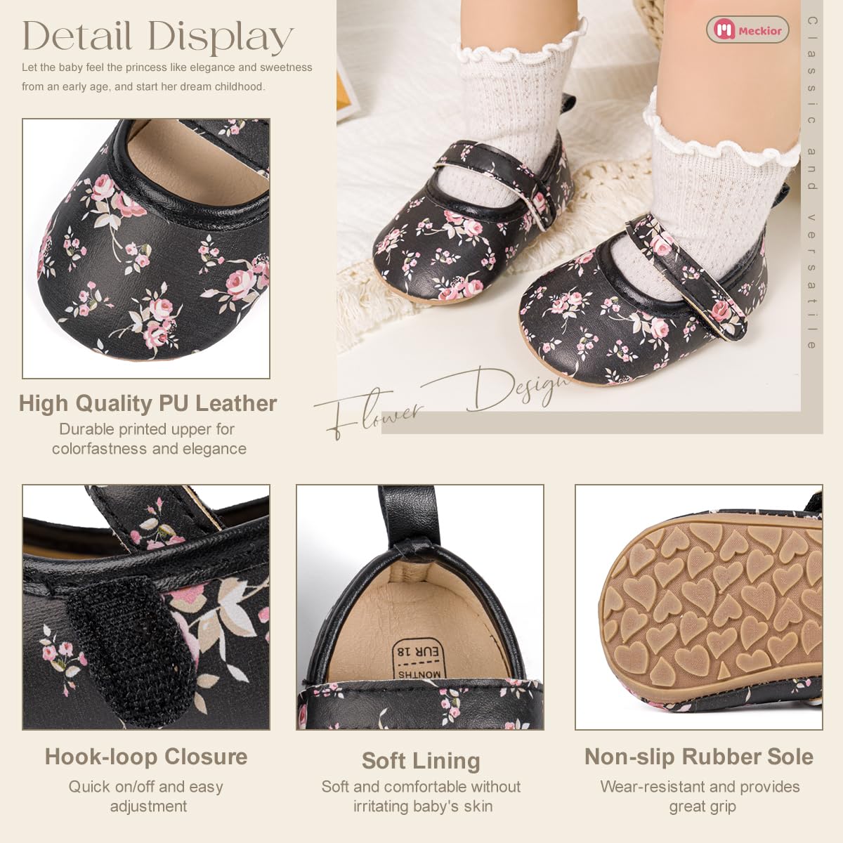 Meckior Infant Baby Girls Boys Handmade Princess Flats Toddler First Walkers Soft PU Leather Non-Slip Crib Wedding Dress Shoes