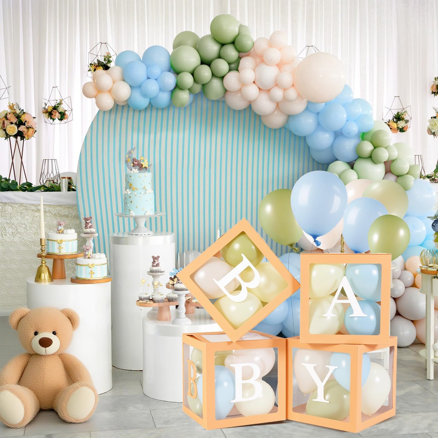 Zhanmai Baby Boxes for Bear Baby Shower Decoration with 4 Letters 36 Balloons 4pcs Transparent Clear Balloon Box Blocks for Boy Girl Balloon Boxes Gender Reveal Party Favors (Brown, Apricot, Blue)