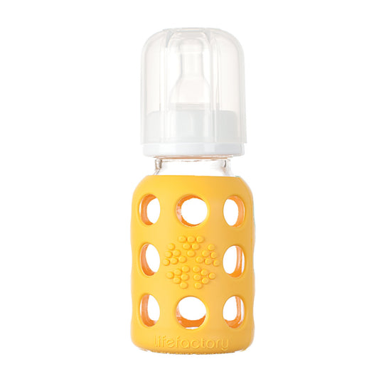 Lifefactory 4-Ounce BPA-Free Glass Baby Bottle with Protective Silicone Sleeve and Stage 1 Nipple, Lilac
