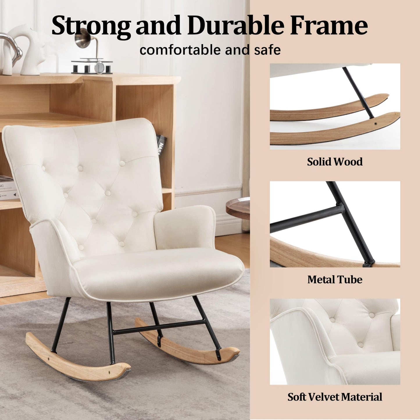 Rocking Chair for Nursery, Comfy Velvet Fabric Glider Rocker, Reading Chair with Support Seating and Side Pockets, Rocking Recliner Chair for Living Room, Bedroom, Balcony, Creamy Beige