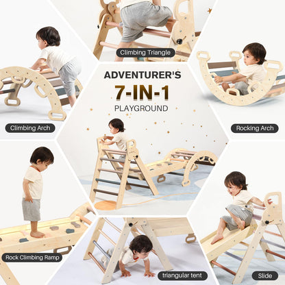 BlueWood Pikler Triangle Set 7-in-1 Foldable Baby Climbing Wooden Toys with Arch&Ramp&Ladder Climber Indoor Jungle Gyms for Toddlers - Rainbow
