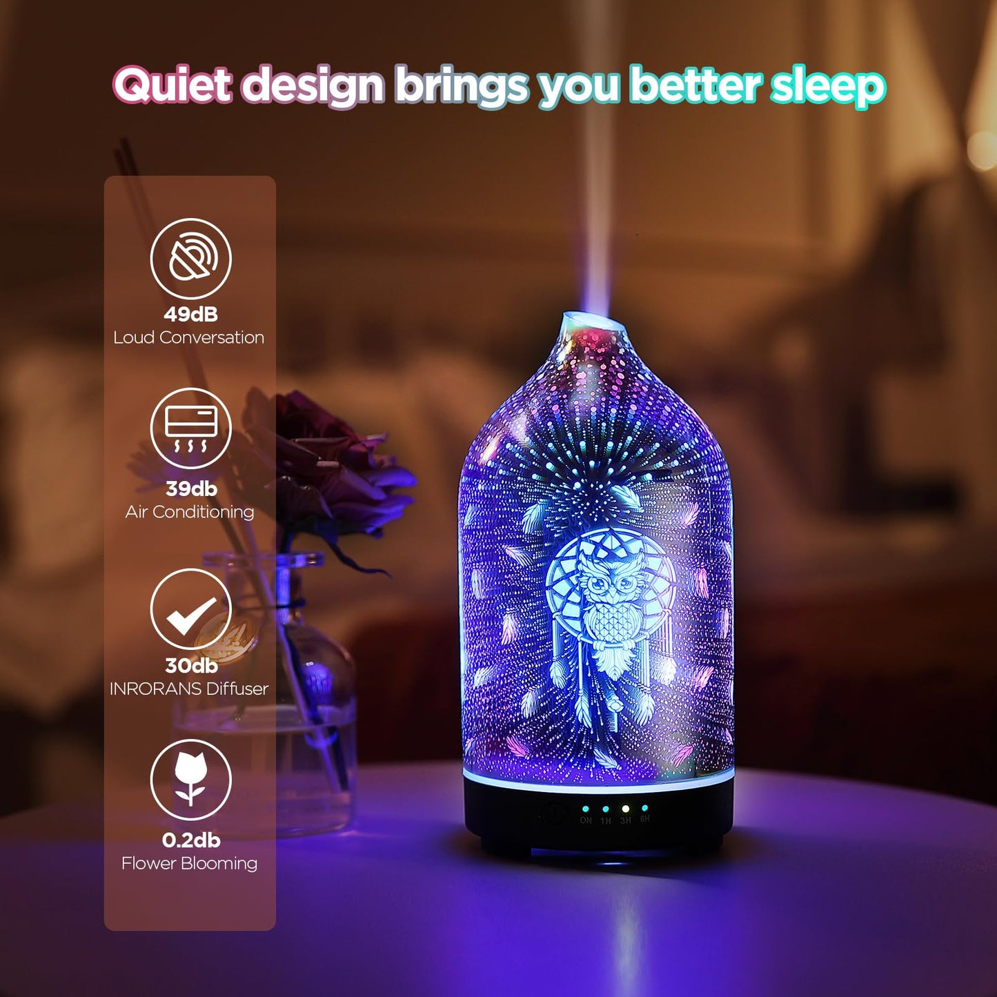 Essential Oil Diffuser Hand Blown Glass Aromatherapy Diffuser - Ultrasonic Cool Mist Scent Aroma Diffuser, Whisper Quiet with Auto Shut-Off, Timer Setting &7 Colors Night Light for Home