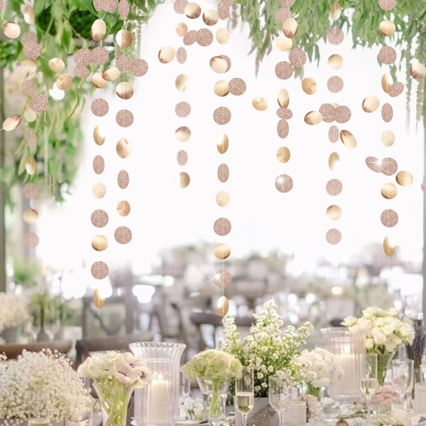 Decor365 Champagne Gold Birthday Decorations Glitter Dot Garland Circle Streamers Banner Backdrop Baby Showers Bridal Showers Christmas New Year Eve Anniversaries Graduations Holiday Parties Decor