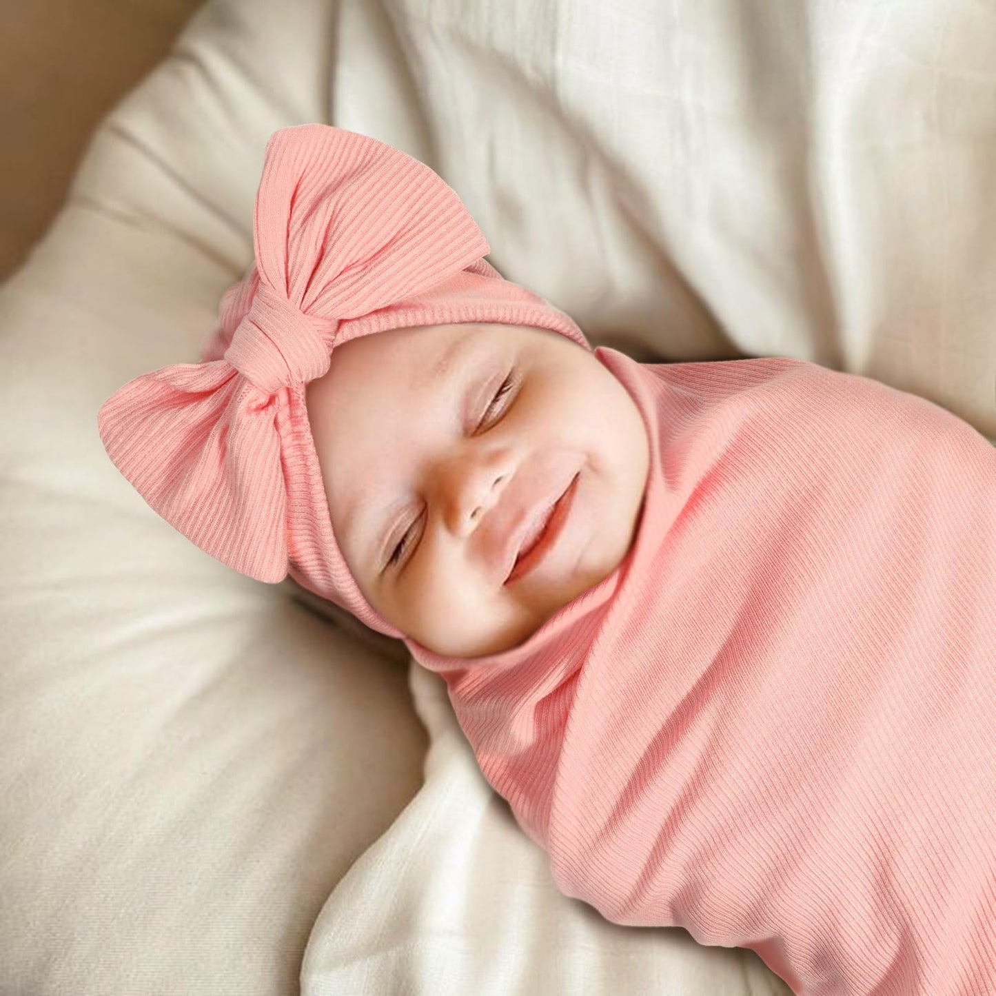 Newborn Receiving Blanket with Bow Hat Mittens Wooden Card Set Wheat-Pattern Newborns Toddler Baby Boy Girl Nursery Swaddle Wrap