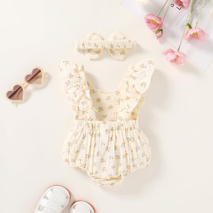 YOUNGER TREE Newborn Baby Girl Clothes Ruffle Sleeve Rompers Infant Backless Floral Jumpsuit Summer Outfits with Headband