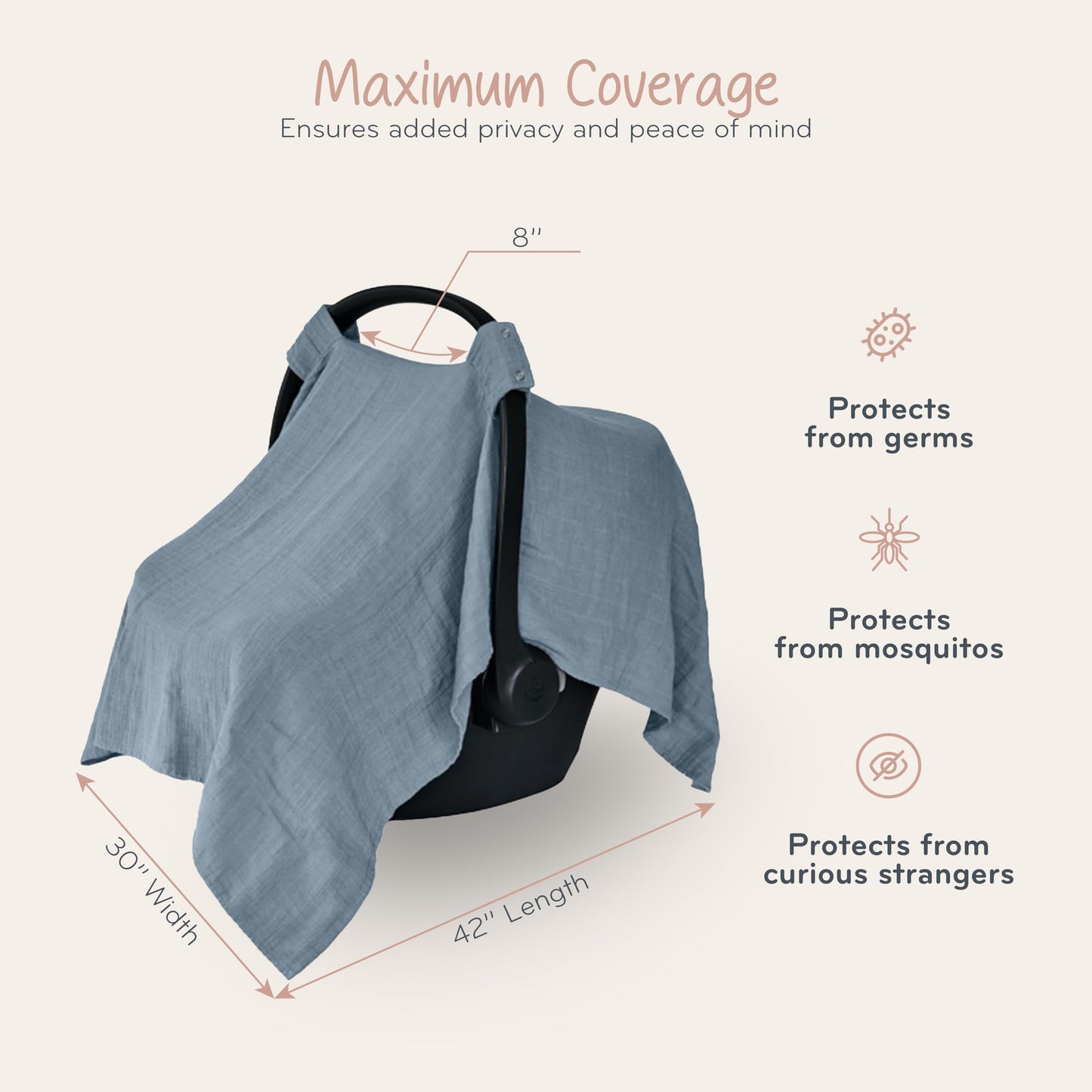 Car Seat Cover Baby - Organic Cotton - Carseat Covers Baby - Carseat Cover - Car Seat Canopy - Carseat Canopy - 100% Muslin Cotton, 43" x 32" (Soft Grey)