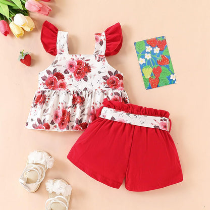 3-18M Newborn Baby Girl Pink Outfits Set Ruffle Sleeve Floral Top + Soild Shorts with Belt