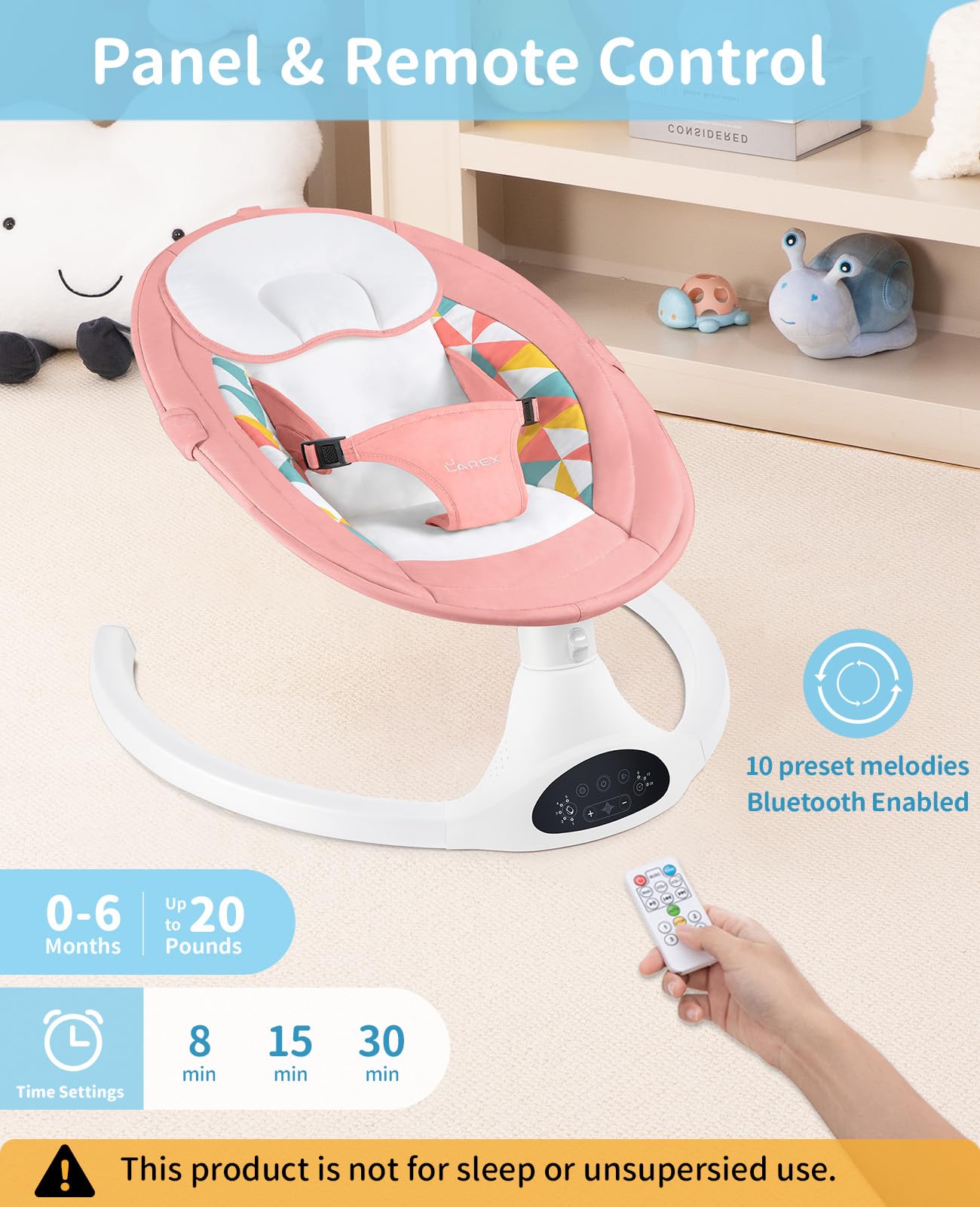 LAREX Baby Swings Electric Baby Swing Bluetooth Infant Swing Portable Rocker with 5 Speeds, 1 Seat Position, Remote Control, Grey