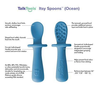 TalkTools ITSY Tiny Silicone Spoons – Twin Pack Soft Silicone Self-Feeding Training Spoons for Kids & Toddlers, Anti-Choking Flange Guard and Non-Slip Handle (Ocean)