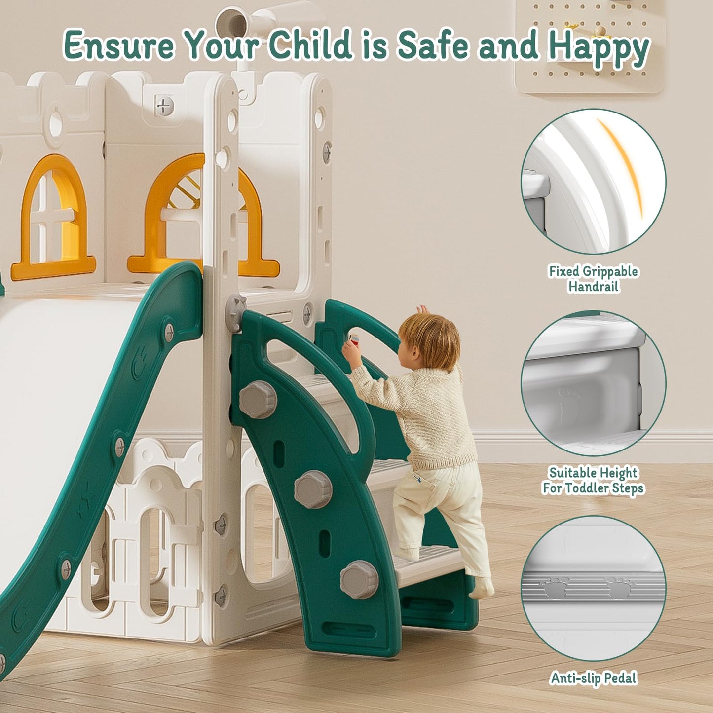 6 in 1 Toddler Slide for Toddler Age 1-3,Kids Climber Slider for Indoor Outdoor Playground with Basketball Hoop,Storage and Telescope,L Shaped Slide for Toddler Climber Playset