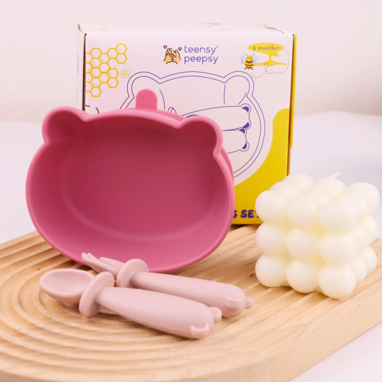 Bear Silicone Baby Bowl Suction Baby Spoon and Fork for Babies 6 months+ Suction Bowls for Baby Utensils 6-12M+ BLW Essentials (Peach Lilac)